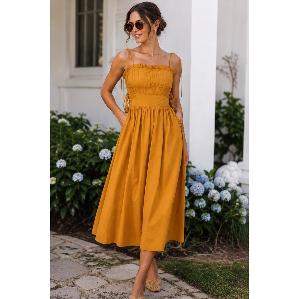 Moon River Mustard Yellow Cotton Smocked Lace Up Side Midi Dress Womens Medium